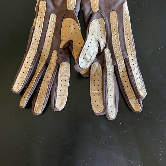 Vintage Aris Isotoner Brown Fleece Lined Gloves Suede Tan Trim Womens One Size - Picture 2 of 6